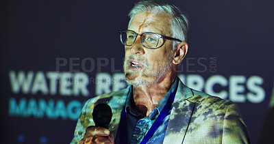 Buy stock photo Screen, presenter and man at seminar with microphone,  presentation and talk on water management. Climate change, resources and mature speaker on stage with global solution for sustainability ideas