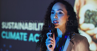 Buy stock photo Presentation, workshop and woman on a stage for sustainability tradeshow, convention and seminar. Public speaker, audience and person with mic at event for environment, climate change and innovation