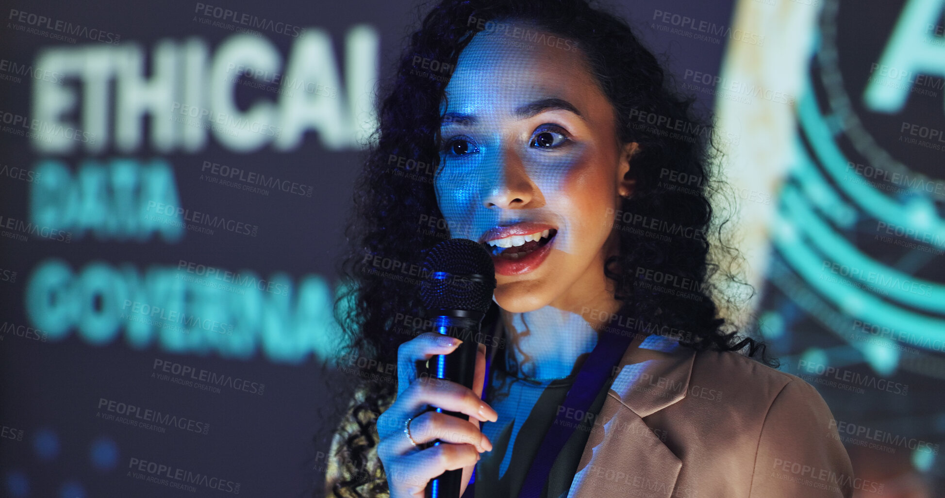 Buy stock photo Business, speaker and woman at seminar with microphone, ideas and presentation on ethical data governance. Information, presenter and conference on digital privacy, accountability and online security