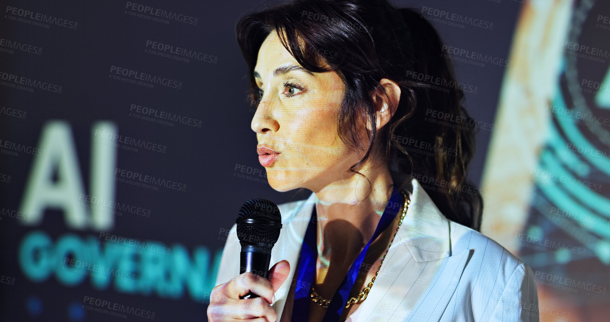Buy stock photo Woman, speech and artificial intelligence at convention, talk or stage with law, compliance and governance. Person, data scientist and touchscreen with policy for AI, software and mic at conference