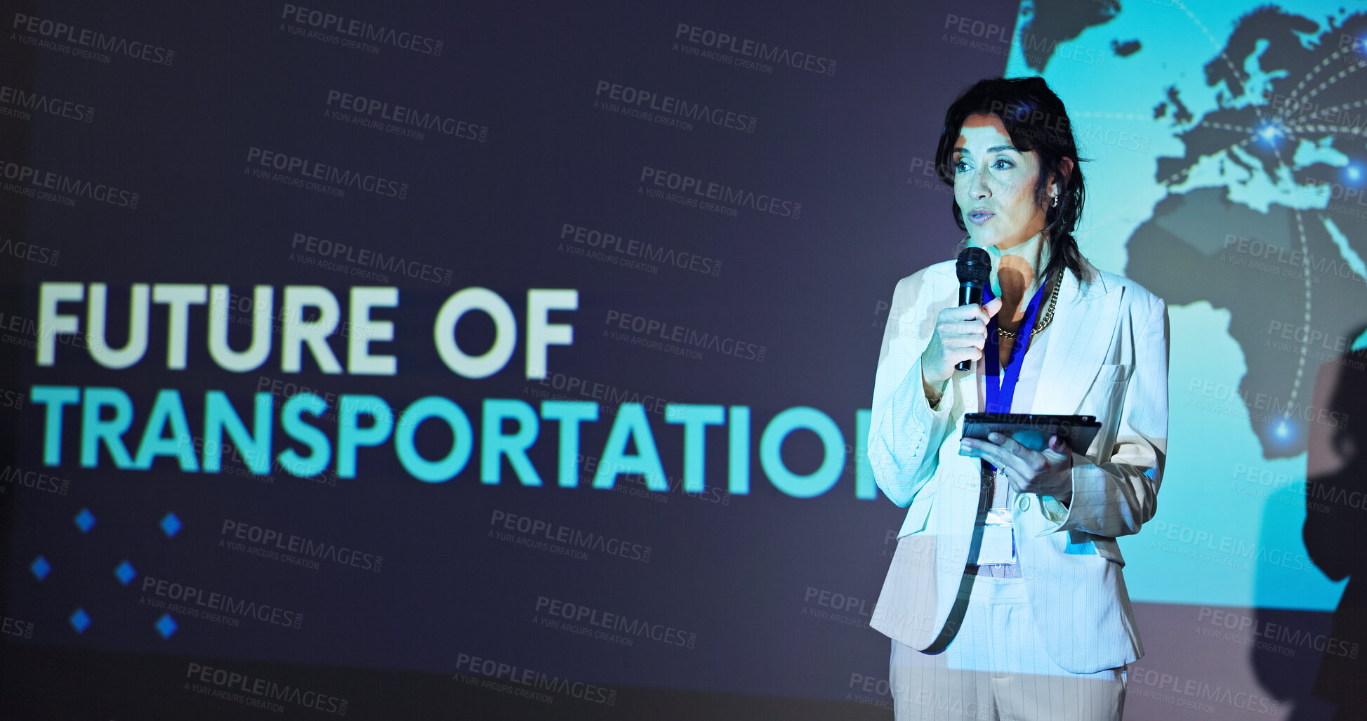 Buy stock photo Business woman, tablet and presentation for seminar for sustainability in transportation industry with mic. Speech, speaker and tech for conference, innovation and development with future of mobility