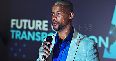 Buy stock photo Black man, pitch and speech for seminar for sustainability in transportation industry with microphone. Presentation, talking and global for conference or business development in future of mobility