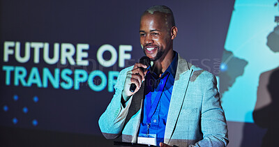 Buy stock photo Black man, tablet and speech for seminar for sustainability in transportation industry with microphone. Presentation, smile and tech for conference event or business development in future of mobility