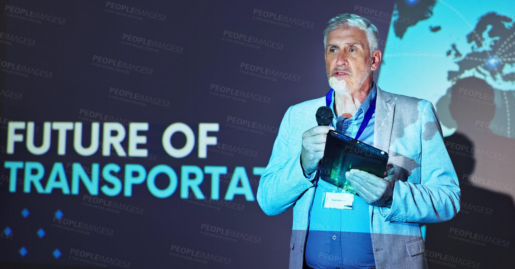 Buy stock photo Mature man, tablet and speech for seminar for sustainability in transportation industry with microphone. Presentation, pitch and tech for conference, innovation or development with future of mobility