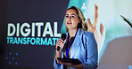 Stage, presentation and woman at seminar with microphone, tablet and speaker on digital transformation. Ideas, change and presenter at conference on future business development plan with technology