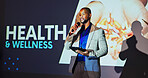 Presentation, conference and man on a stage for medical tradeshow, convention and seminar. Public speaking, audience and person on tablet at event for healthcare, wellness and hospital accessibility