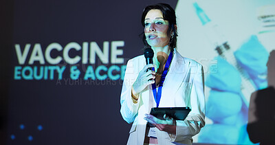 Buy stock photo Woman, speech and stage at convention for vaccine, equity and access for healthcare with announcement. Person, speaker and microphone for pharma company, tablet and proposal at global conference