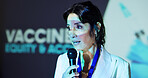 Woman, speech and stage at conference for vaccine, equity and access for healthcare with announcement. Person, speaker and microphone for pharma company, feedback and proposal at global convention