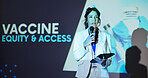 Presentation, conference and woman on a stage for vaccine tradeshow, convention and seminar. Public speaking, audience and person on tablet at event for medical, wellness and healthcare accessibility