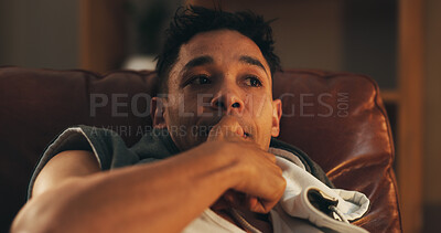 Buy stock photo Drugs, addiction and man on sofa with stress, biting nails and withdrawal symptom in home at night. Nervous, thinking and frustrated person on couch with anxiety, substance abuse and narcotic detox