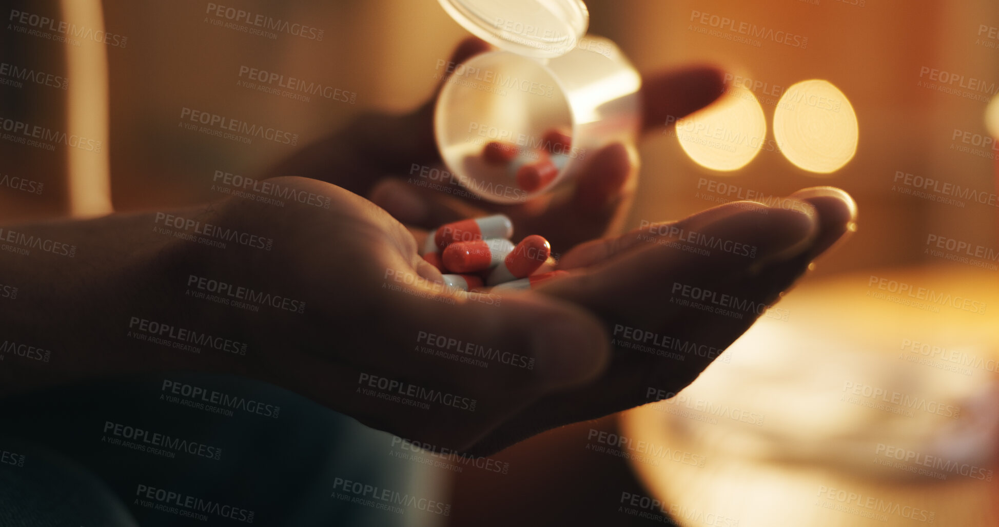 Buy stock photo Hands, pills and medicine in night, home and supplements for health, sick or capsules for recovery. Dark, healthcare and palm with drugs, addict and overdose of painkillers, person or substance abuse