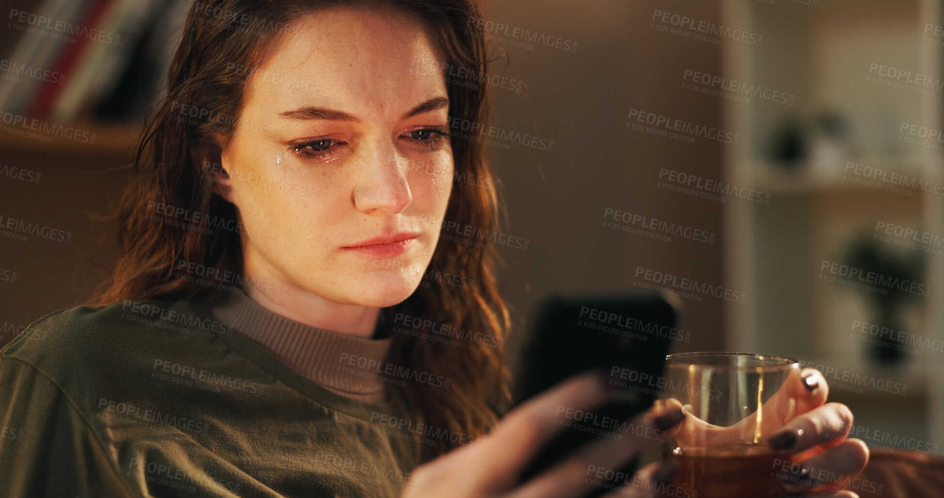 Buy stock photo House, wine and sad woman with smartphone, depression and mental health with stress. Person, apartment and girl with cellphone, alcohol and addiction with anxiety, lonely and frustrated with message