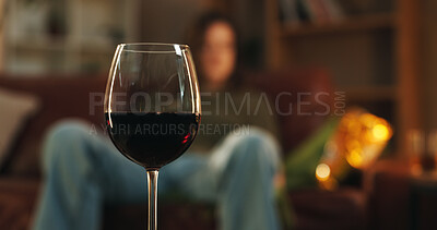 Buy stock photo House, glass and wine for alcohol addition at night in living room as stress relief or depression. Person, liquor and alcoholic with beverage or drink for problems, issues and substance abuse