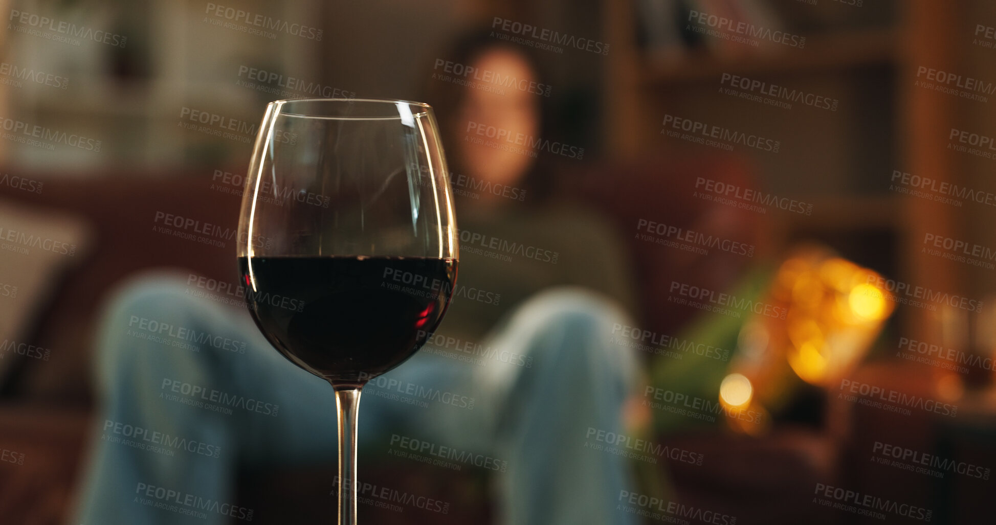 Buy stock photo House, glass and wine for alcohol addition at night in living room as stress relief or depression. Person, liquor and alcoholic with beverage or drink for problems, issues and substance abuse