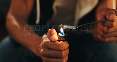 Buy stock photo Hands, spoon and man with drugs, flame and heroin with meth, addiction and overdose. Closeup, person and addict in lounge, fire or stress with illegal activity, burnout or danger with substance abuse