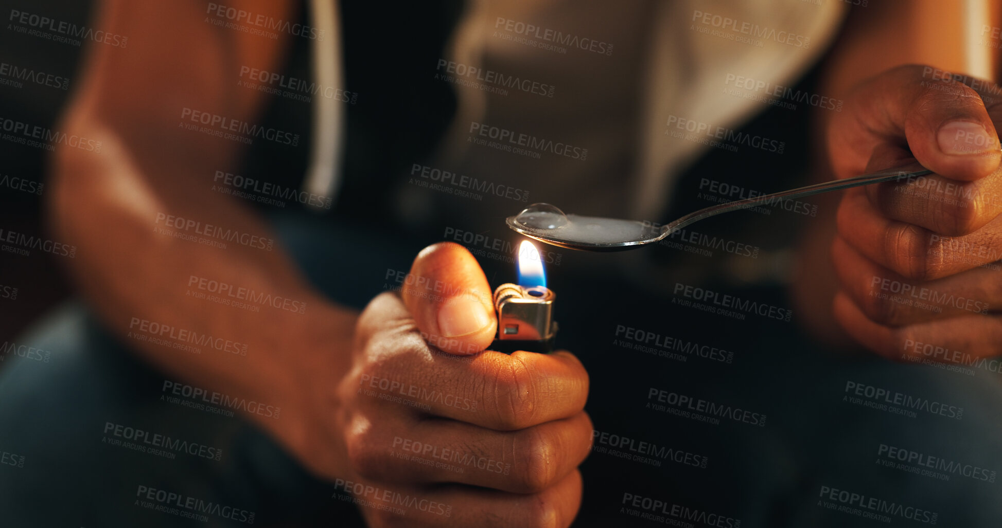 Buy stock photo Hands, spoon and man with drugs, flame and heroin with meth, addiction and overdose. Closeup, person and addict in lounge, fire or stress with illegal activity, burnout or danger with substance abuse