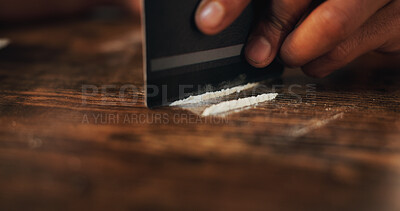 Buy stock photo Person, house and hand with cocaine, credit card and illegal substance with rehabilitation. Overdose, lines and intervention with closeup, habit and narcotics with crime and drugs in living room