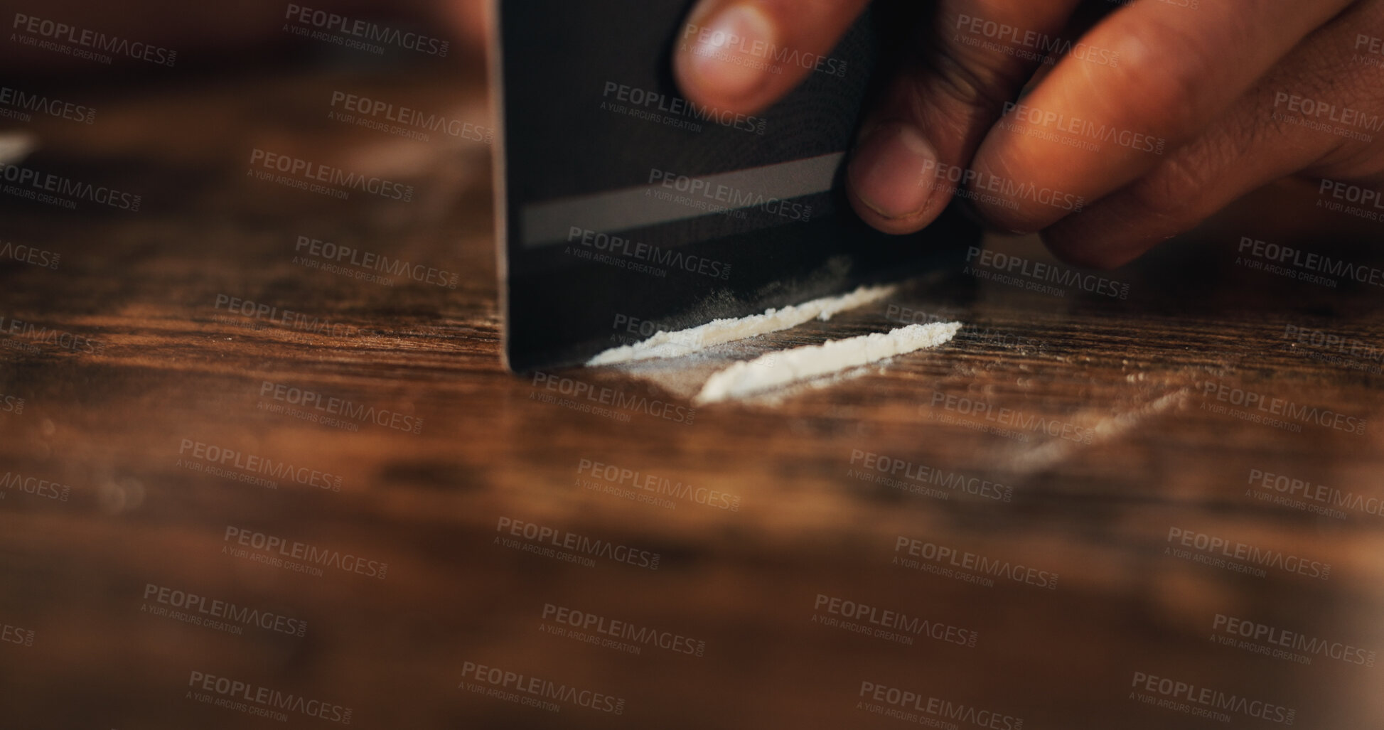 Buy stock photo Person, house and hand with cocaine, credit card and illegal substance with rehabilitation. Overdose, lines and intervention with closeup, habit and narcotics with crime and drugs in living room