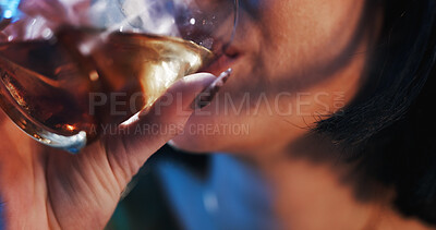 Buy stock photo Mouth, woman and glass with whiskey for alcohol abuse or addiction as stress relief for mental health. Closeup, female person and liquor or substance for problems, depression and anxiety with drink