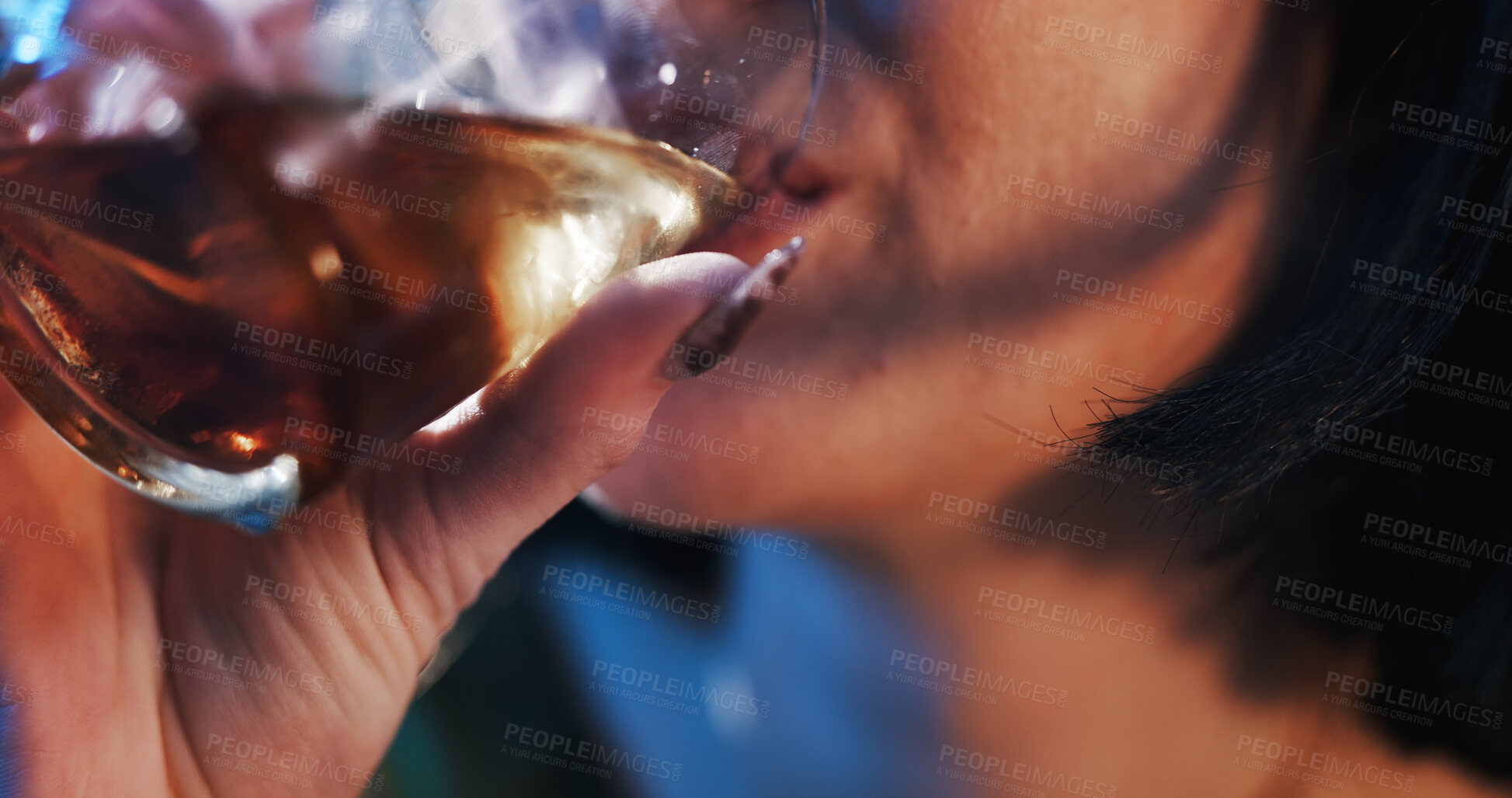 Buy stock photo Mouth, woman and glass with whiskey for alcohol abuse or addiction as stress relief for mental health. Closeup, female person and liquor or substance for problems, depression and anxiety with drink