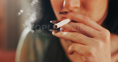 Buy stock photo Smoking, home and hands of woman with cigarette for nicotine, tobacco and addiction. Smoker, narcotics and closeup of person with cigar or joint for cancer risk, bad habit and unhealthy routine  