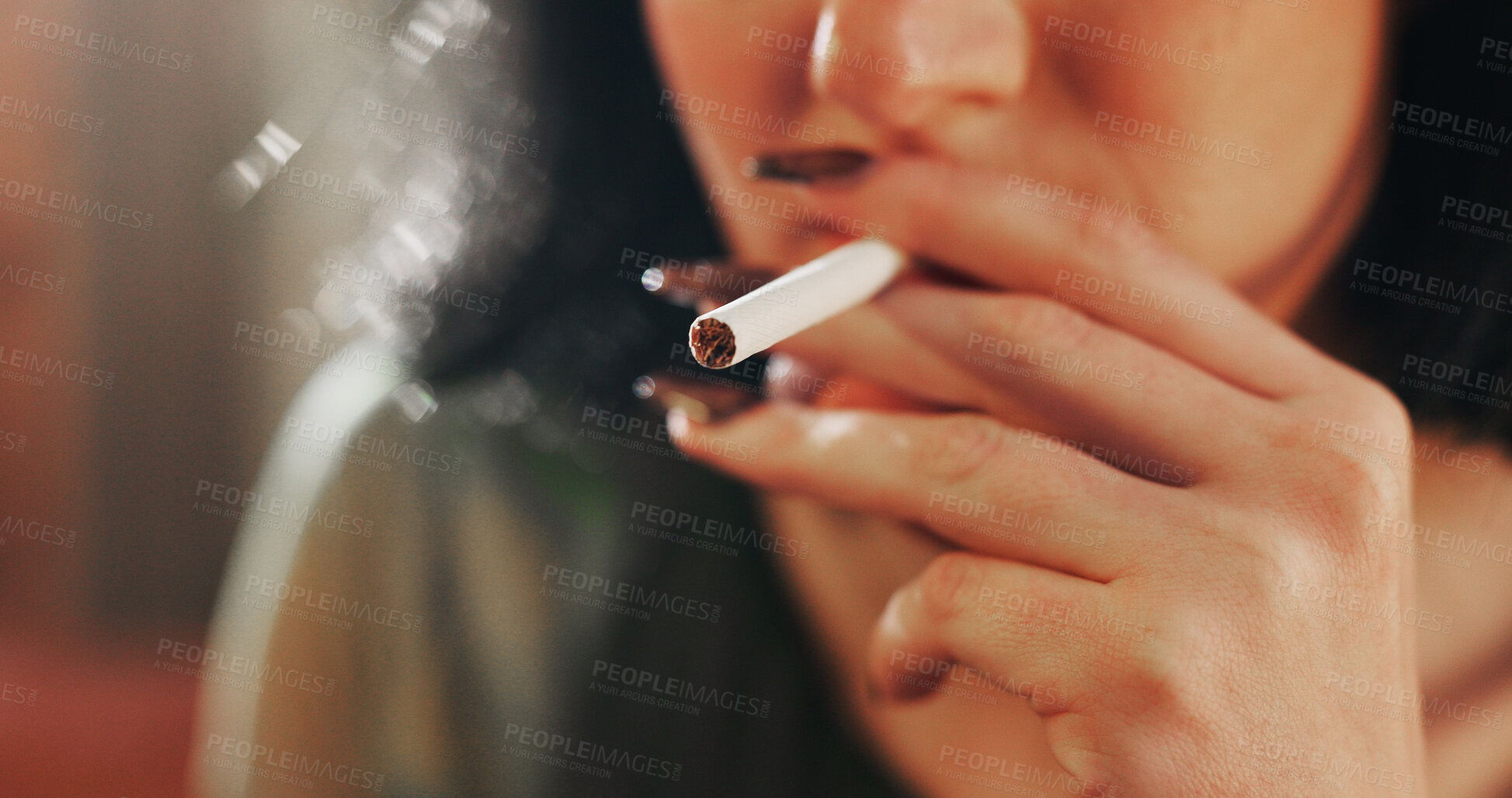 Buy stock photo Smoking, home and hands of woman with cigarette for nicotine, tobacco and addiction. Smoker, narcotics and closeup of person with cigar or joint for cancer risk, bad habit and unhealthy routine  