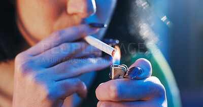 Buy stock photo Smoking, lighter and hands of woman with cigarette for nicotine, tobacco and addiction. Smoker, flame and person with spark for cigar or joint for cancer risk, bad habit and narcotics at party  