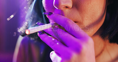 Buy stock photo Smoking, party and hands of woman with cigarette for nicotine, tobacco and addiction in nightclub. Smoker, neon aesthetic and person with cigar or joint for cancer risk, bad habit and narcotics