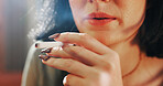 Smoking, closeup and hands of woman with cigarette for nicotine, tobacco and addiction in home. Smoker, narcotics and person with cigar or joint for cancer risk, bad habit and unhealthy routine  