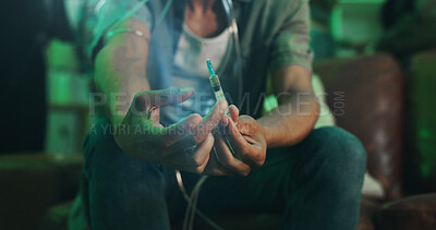 Buy stock photo Home, man and hands with injection for drugs in living room with addiction and overdose or abuse. Closeup, male person and needle or syringe for fentanyl, heroin and illegal chemicals for depression