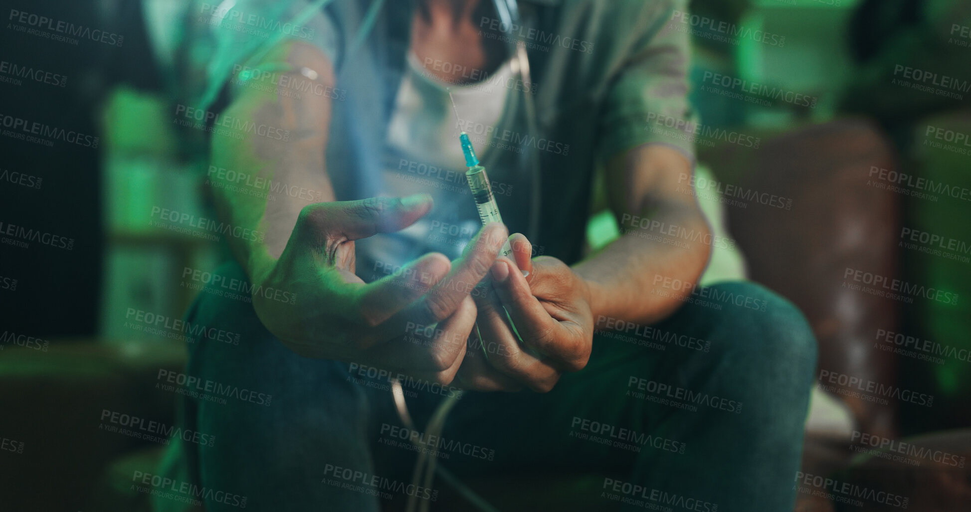 Buy stock photo Home, man and hands with injection for drugs in living room with addiction and overdose or abuse. Closeup, male person and needle or syringe for fentanyl, heroin and illegal chemicals for depression