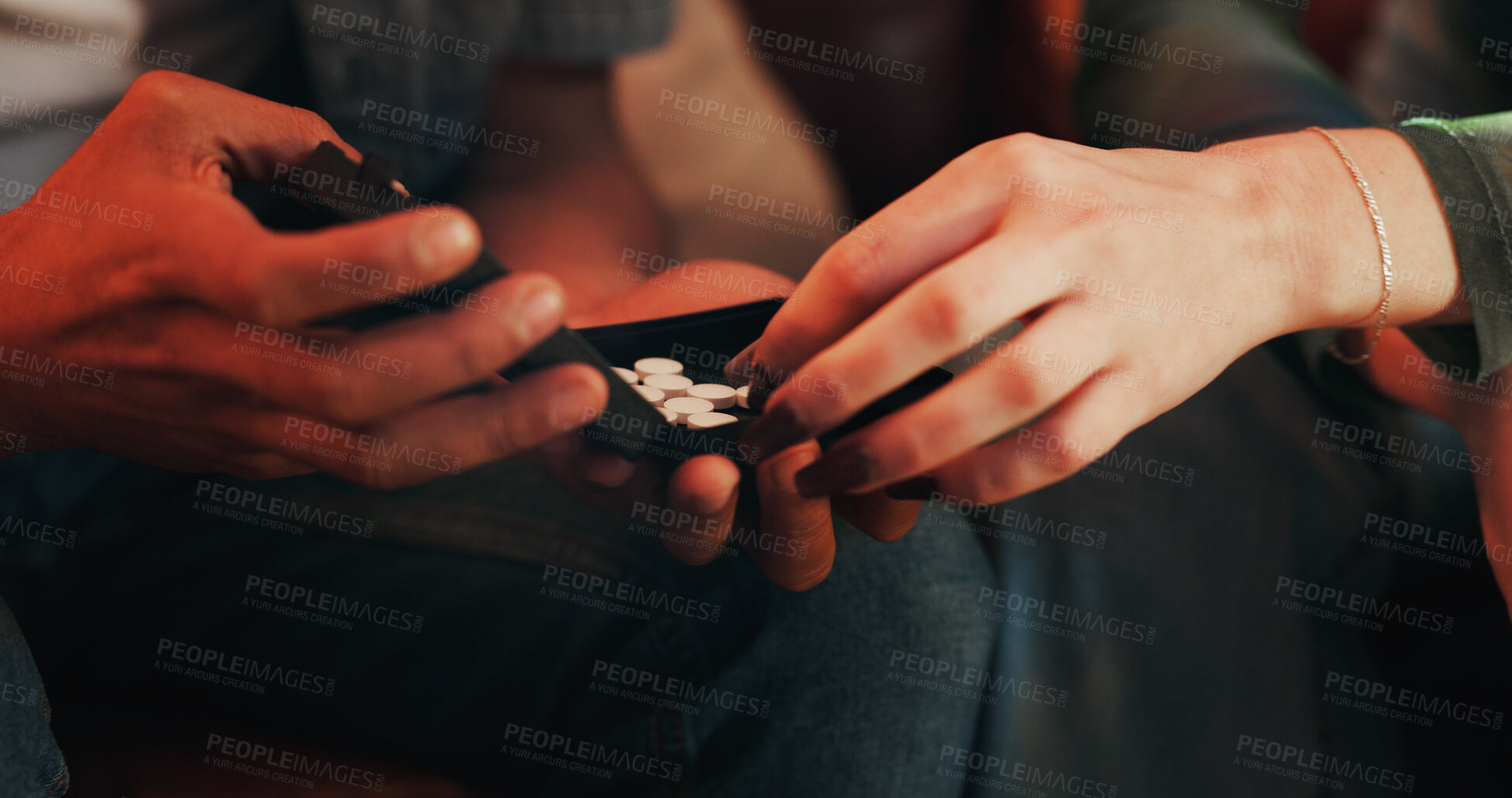 Buy stock photo Drug, addiction and hands of people with pills for illegal, narcotics and problem with substance abuse. Dangerous, overdose and friends with medicine in container for crisis, risk and ecstasy tablets