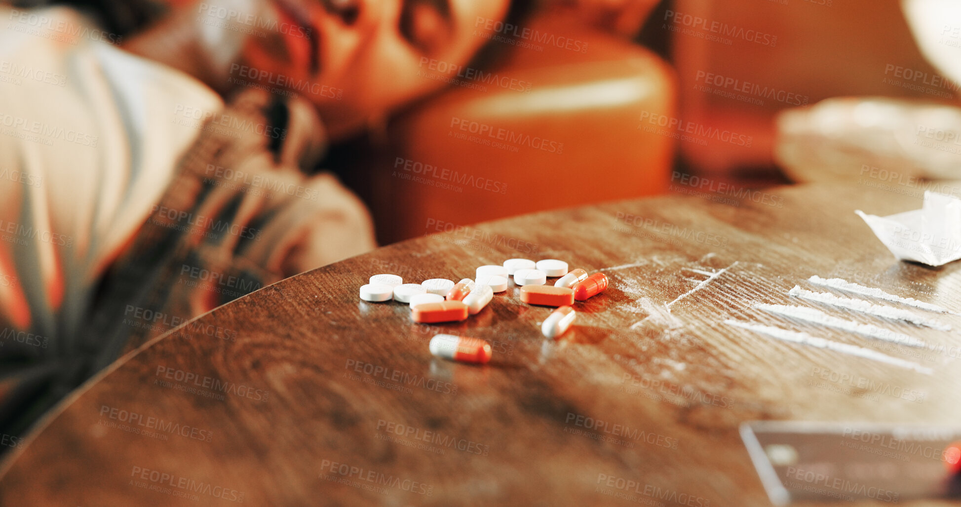 Buy stock photo Drugs, overdose and man on sofa with pills, health risk and narcotic danger in apartment at night. Blackout, addiction and person in living room with toxic lines, fentanyl and cocaine crisis in home