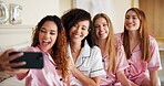 Event, bridesmaid and selfie with women in bedroom for wedding ring, bridal party and social media post. Celebration, picture and friends with people at home for ceremony, maid of honor or engagement