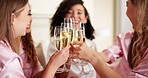 Cheers, bridesmaid and champagne with women in bedroom for wedding day, bridal party and support. Celebration, sleepover and event with people at home for ceremony, maid of honor and engagement toast