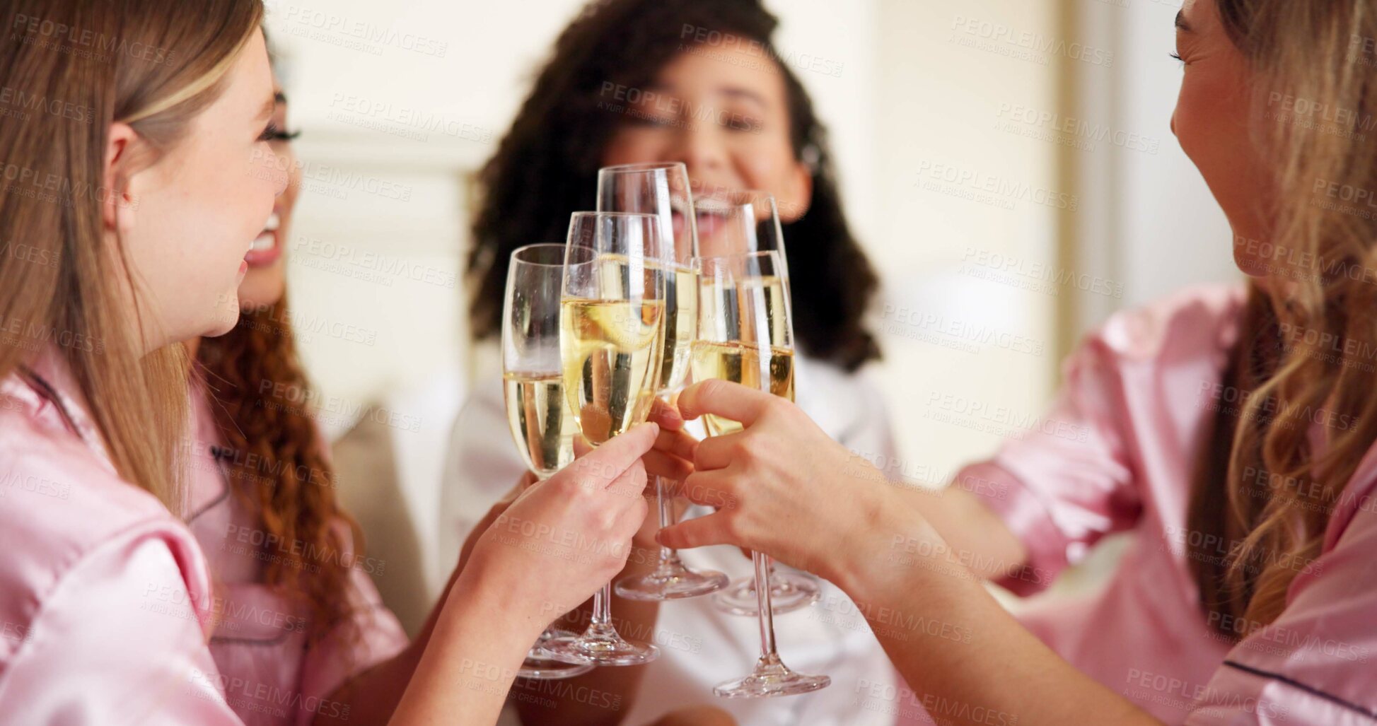 Buy stock photo Cheers, bridesmaid and champagne with women in bedroom for wedding day, bridal party and support. Celebration, sleepover and event with people at home for ceremony, maid of honor and engagement toast