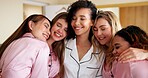 Group, bridesmaid and hug with women in bedroom for wedding day, bridal party and support. Celebration, sleepover and event with people at home for marriage ceremony, maid of honor and engagement