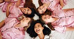 Above, bridesmaid and pyjamas with women in bedroom for wedding day, bridal party and support. Celebration, sleepover and event with people at home for ceremony, maid of honor and engagement
