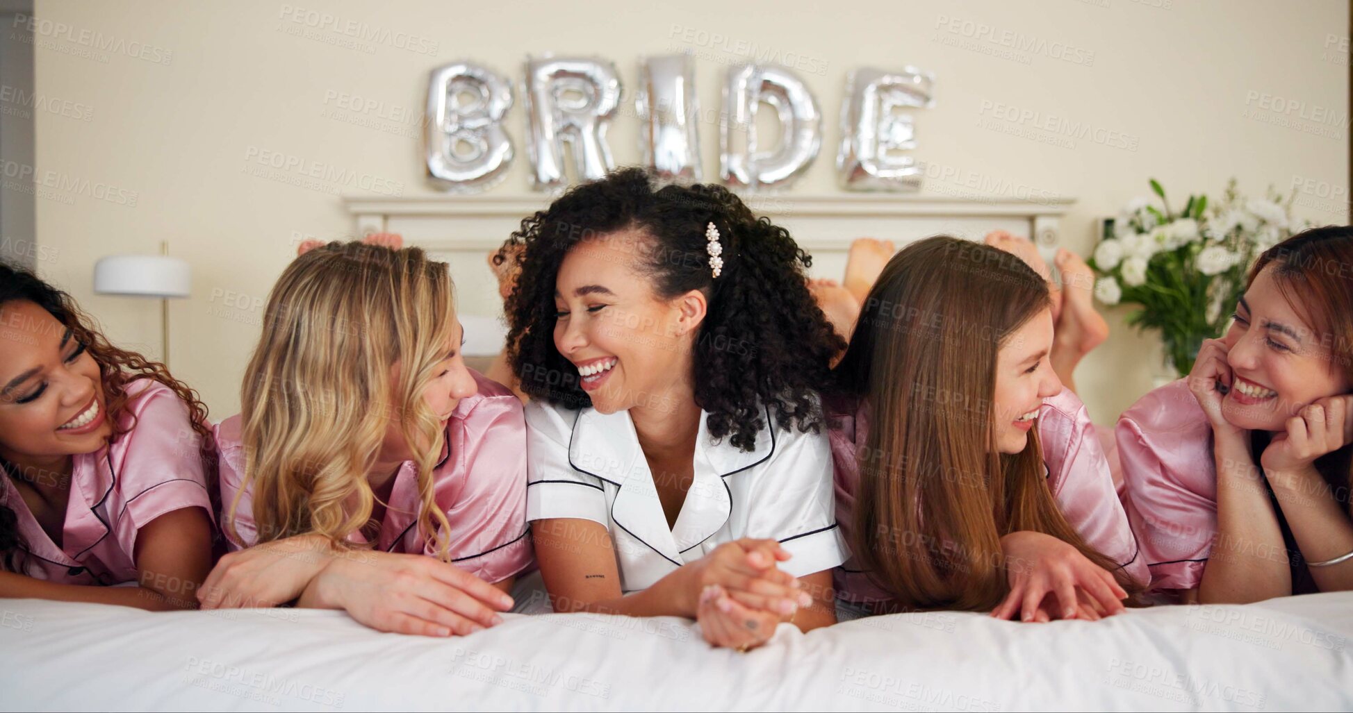 Buy stock photo Happy, women and bridal shower in bedroom for marriage announcement, celebration and engagement support. Smile,  bride and friends with surprise of commitment event, good news and bonding at house