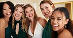 Portrait, friends and wedding with women in bedroom for bridesmaids, bridal party and support. Celebration, marriage and event with people at home for ceremony, maid of honor and luxury engagement