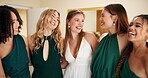 Laughing, friends and wedding with women in bedroom for bridesmaids, bridal party and support. Celebration, marriage and event with people at home for ceremony, maid of honor and luxury engagement