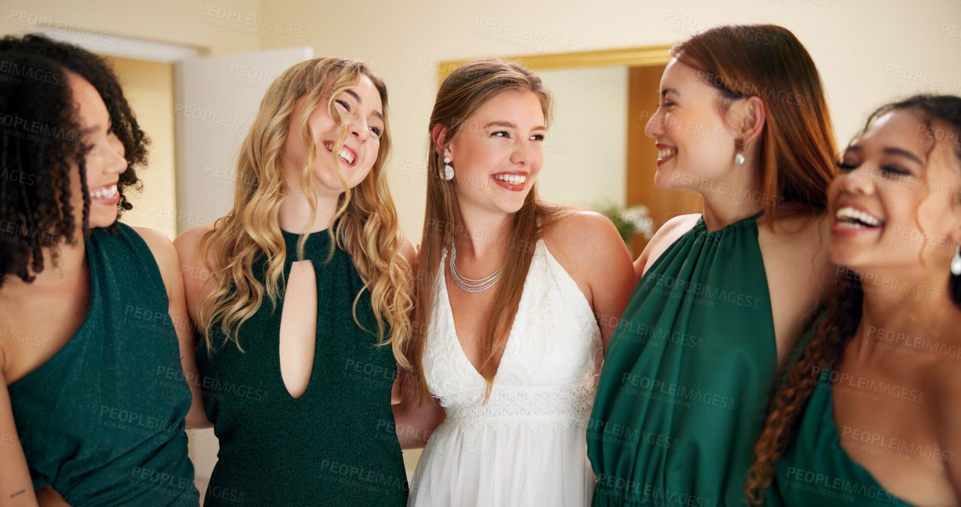 Buy stock photo Laughing, friends and wedding with women in bedroom for bridesmaids, bridal party and support. Celebration, marriage and event with people at home for ceremony, maid of honor and luxury engagement