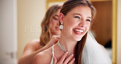 Buy stock photo Wedding, women and necklace for event, smile and elegant for marriage, fashion and style in morning and bride. Friends, outfit and clothes for ceremony, preparation and formal with jewellery