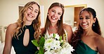 Portrait, bouquet and wedding with women in bedroom for friends, bridal party and support. Celebration, marriage and event with people at home for ceremony, bridesmaids and luxury engagement