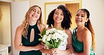 Flowers, portrait and wedding with women in bedroom for friends, bridal party and support. Celebration, marriage and smile with people at home for ceremony, bridesmaids and luxury engagement together