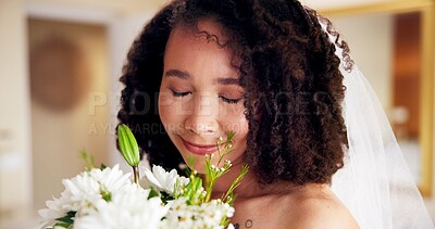 Buy stock photo Wedding, flowers and woman with smile, event and elegant for marriage, fashion and bride in morning. Happy, outfit and veil for luxury, preparation and ceremony in resort and bouquet for person