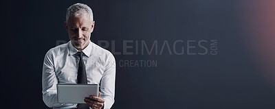 Buy stock photo Tablet, office and happy business man online for social media, internet and website at desk. Thinking, corporate worker and senior male person on digital tech for research, writing email and planning