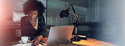 Buy stock photo Cropped shot of a young businesswoman working late on a laptop in an office