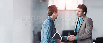 Buy stock photo Business people, handshake and partnership, deal and welcome to office. Shaking hands, success and startup group in collaboration for b2b, promotion or hiring, work recruitment and congratulations