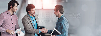 Buy stock photo Business people, tech startup or handshake for deal, partnership or collaboration or congratulations. Shaking hands, meeting or happy employees in agreement for b2b success, welcome or thank you 